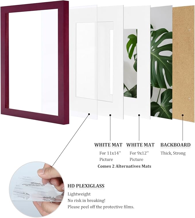 Egofine 12x16 Picture Frames with Plexiglass, Display Pictures 9x12/11x14 with Mat or 12x16 Without Mat for Wall Mounting, Cherry Red