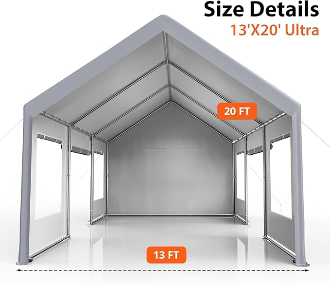 13x20 Ft. Metal Carport Garage with PE Fabric and Galvanized Steel Frame Outdoor Shelter for Cars, Trucks and Boats with 4 Doors and Mesh Windows for Ventilation - Grey
