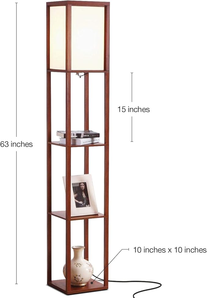 Brightech Maxwell - Modern Shelf Floor Lamp with Lamp Shade and LED Bulb - Corner Display Floor Lamps with Shelves for Living Room, Bedroom and Office - Walnut Brown