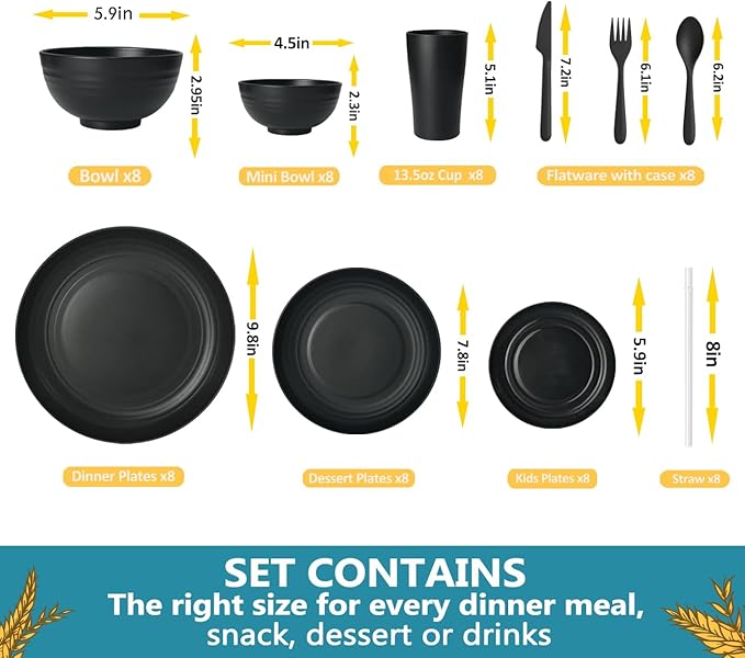 Teivio 80-Piece Kitchen Plastic Wheat Straw Dinnerware Sets for 8, Dinner Plates, Plates and Bowls Sets,Cups, Flatware, Dishwasher Safe, Unbreakable Apartment Outdoor Camping Dishes, Black
