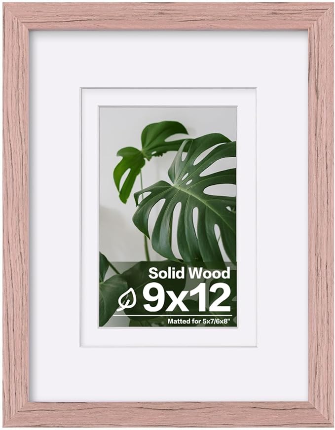 Egofine 9x12 Picture Frame Made of Solid Wood Covered by Plexiglass, Wood Frame for Pictures 5x7/6x8 with Mat or 9x12 without Mat, Tabletop and Wall Mounting Display, Peach Pink