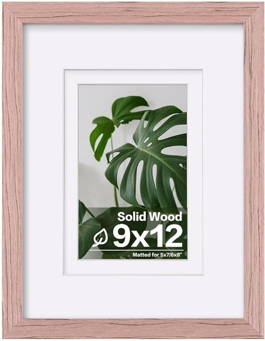 Egofine 9x12 Picture Frame Made of Solid Wood Covered by Plexiglass, Wood Frame for Pictures 5x7/6x8 with Mat or 9x12 without Mat, Tabletop and Wall Mounting Display, Peach Pink