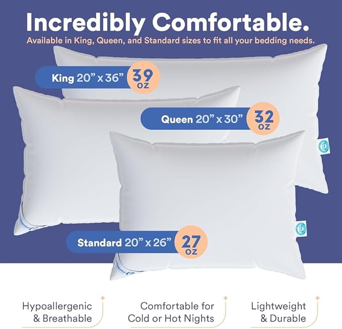 Continental Bedding Australian Wool and Down Bed Pillow Blend 40/60, Queen, White
