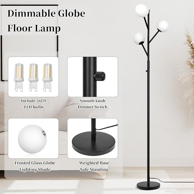 3-Globe Mid Century Modern Floor Lamp and Bulbs Included,70inch Tall Black Stand Lamp with Frosted Glass Shade for Living Room Office Bedroom, Study Room, Hotel, Dimmer Lighting (dimmer-Black)