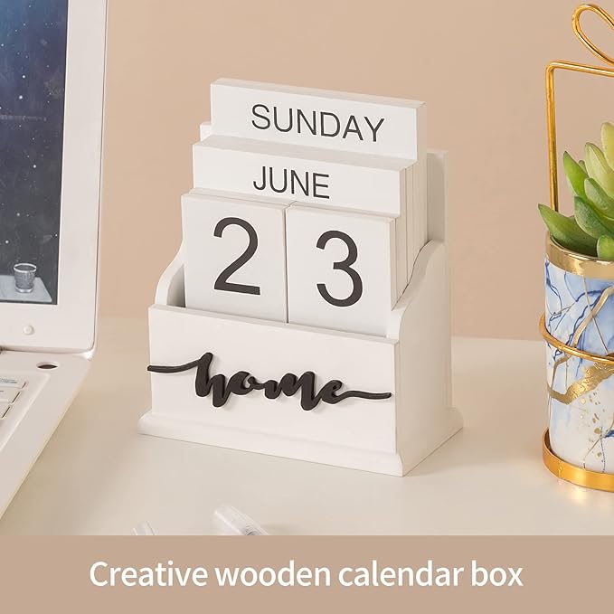 Desk Perpetual Block Calendar, Home Farmhouse Office Aesthetic Decor for Teachers, Students, Classroom Decoration Reusable Yearly, White Wood Daily Desktop Calendar Accessories