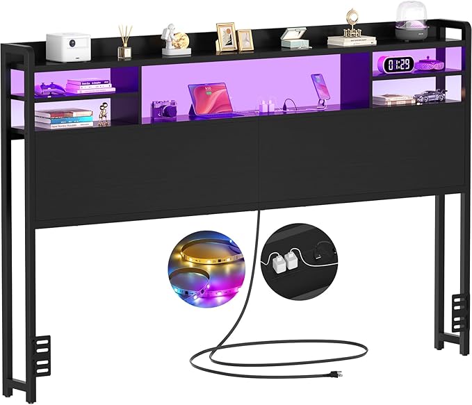 Aheaplus Headboard for Queen Size Bed with Storage, Headboards with LED Light, Power Outlets, USB Ports Queen Size Head Board, Wood headboard Only Sturdy and Stable Headboards, Modern, Black