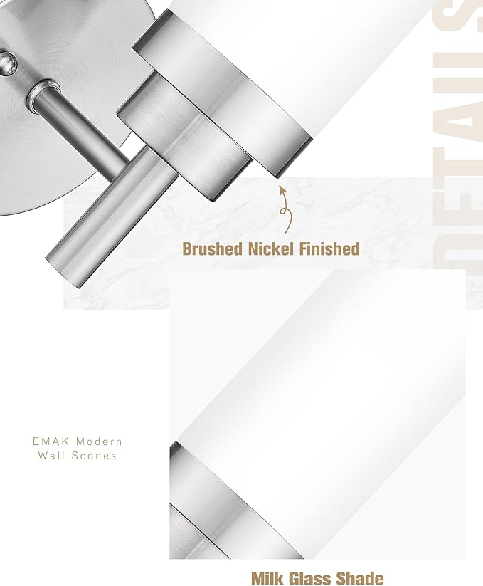 Emak Modern Brushed Nickel Sconces, Bathroom Vanity Light with Milk Glass Shade, Wall Sconce for Bathroom, Bedroom, Living Room, Hallway, WS085-BN-ML