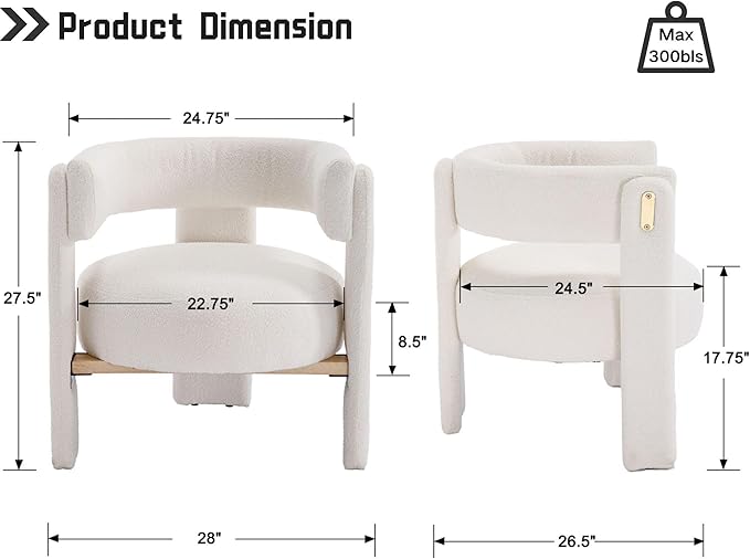 White Boucle Barrel Accent Chair, Comfy Upholstered Living Room Chair Mid-Century Modern Reading Chair with Open Back Round Corner Armchair, Side Sitting Lounge Chair for Bedroom/Office
