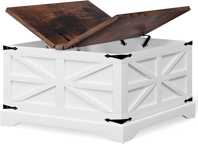 oneinmil Farmhouse Coffee Table with Storage Organizer, Square Coffee Tables with Large Storage Space, Center Table for Living Room, Bedroom, Home Office, White