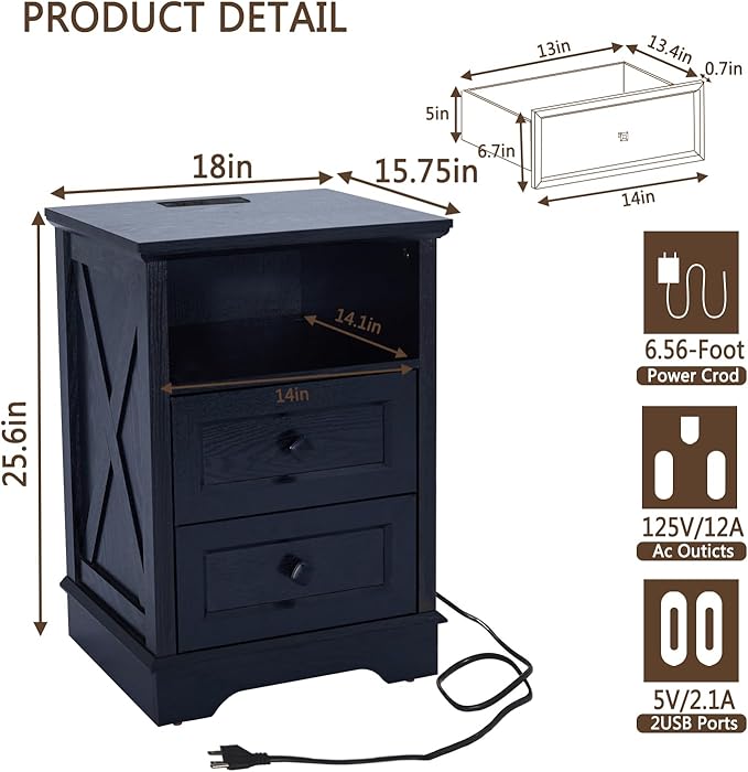 Farmhouse 2 Drawers Dresser for Bedroom, Rustic Small Chest of Drawers with Charging Station, Wood End Table with Open Shelf, Black Modern Nightstand for Bedroom, Living Room, Entryway