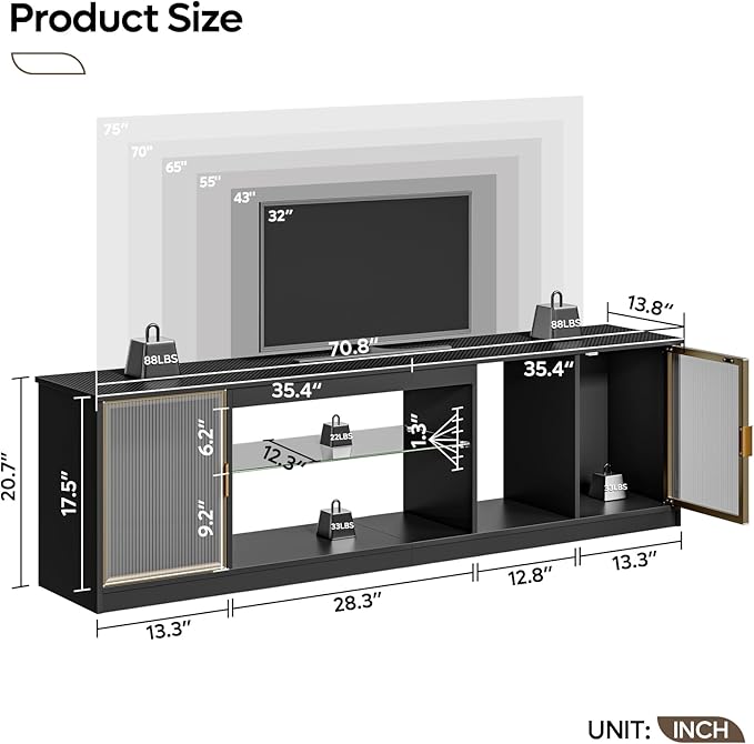 Bestier Modern TV Stand for 75/80 inch TV, LED Entertainment Center with Acrylic Doors & Adjustable Glass Shelf, 70” Media TV Console for PS5, Television Stands for Living Room, Black Carbon Fiber
