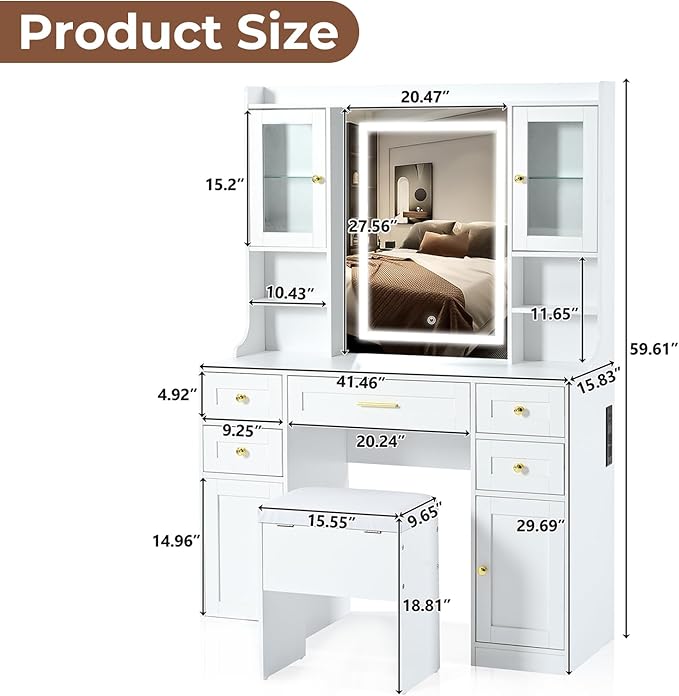 Saiveina 41.4" Makeup Vanity Desk with Mirror and Lights, Dressing Table with 4 Cabinets, 5 Drawers, Power Outlets and Cushioned Storage Stool, 3 Lighting Modes Vanity Table for Bedroom(White)