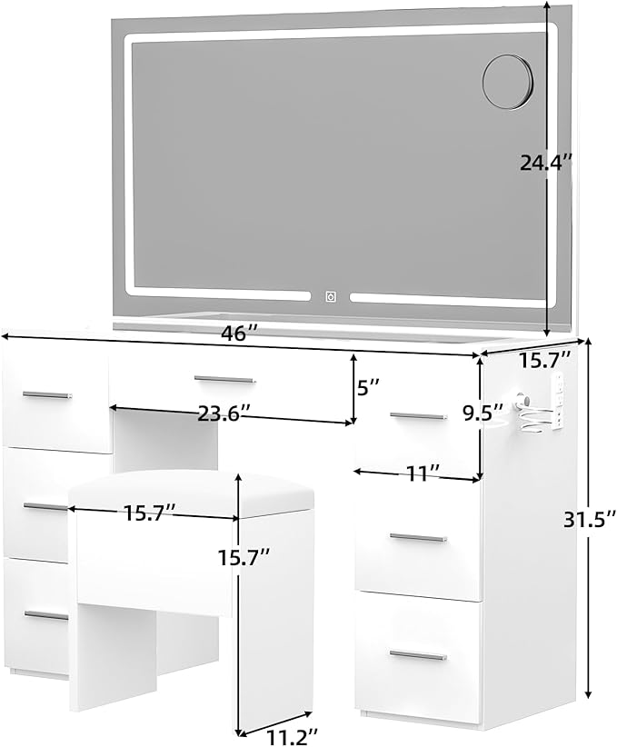 Makeup Vanity Desk with Power Outlet, 46'' Glass Top Vanity Set, 7 Drawers Vanity Table with Cushioned Stool, 3 Lighting Modes Brightness Adjustable,White