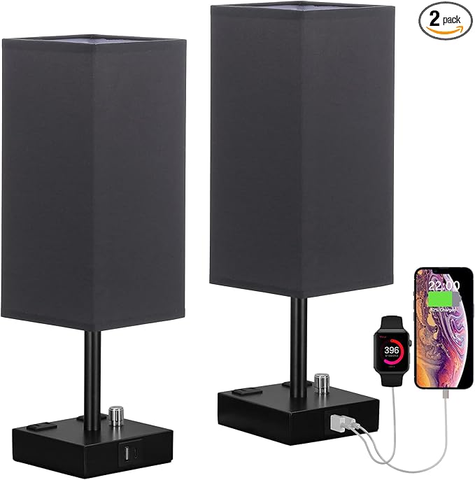 Black Fully Dimmable Nightstand Lamps Set of 2 - Table Bedside Lamp with USB C+A Charging Ports & 2 AC Outlets, Square Lamp Sets Linen Fabric Shade for Bedroom Living Room(Bulb Included)