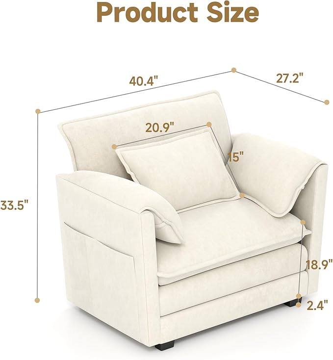 Real Relax 40.4'' Modular Sectional Sofa, Single Seat Chenille Convertible Couch with 2 Pillows and 2 Armrest Pillows for Living Room, Office and Leisure Places, Beige