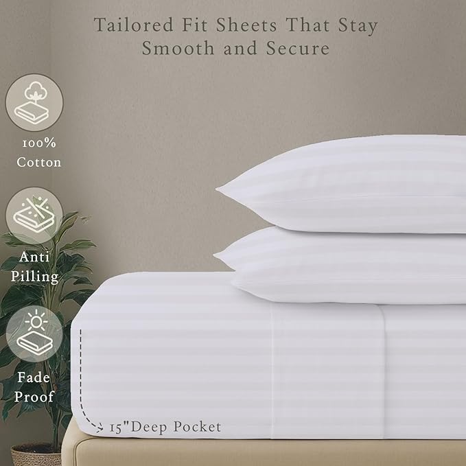 Threadmill 500 Thread Count Twin Size Damask Stripe, 3 Pc Luxury Cotton Bedding Set, Breathable & Soft Stripe Hotel White Sheets with 15" Elasticized Deep Pocket, 1 Pillowcase & Free Tote Bag