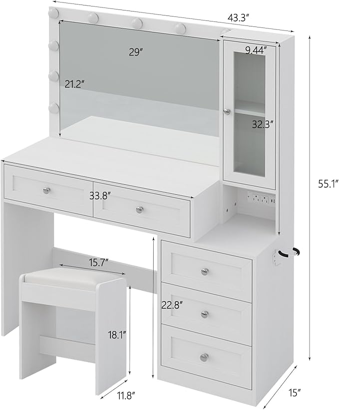 43" W Vanity Desk with Mirror & 11 Lights,Modern Makeup Desk with 5 Drawers & Cushioned Stool,3 Lighting Modes Brightness Adjustable,Power Outlet,Bedroom Dressing Table, White