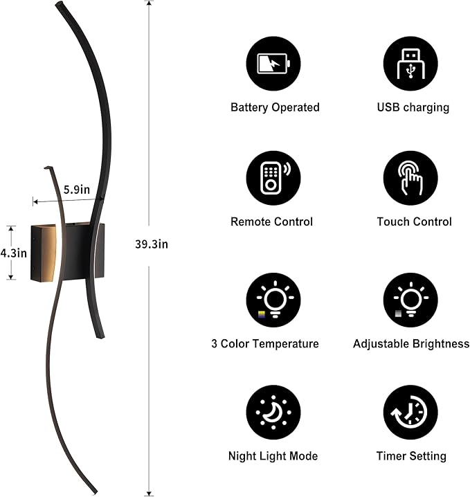 Battery Operated Wall Sconces Set of Two with Remote Control, Stepless Colors 3000K-6000K & Dimming, LED Black Wireless Wall Light for Living Room, Hallway, Bedroom, 39.3 Inch (2 Pack)