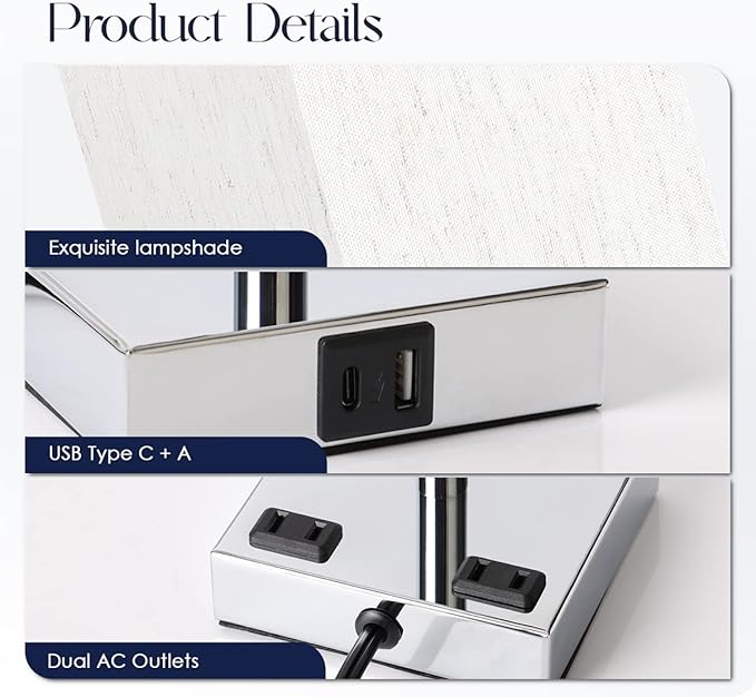 Bedside Lamp with USB Ports - Touch Control Table Lamp for Bedroom with USB C+A Charging Ports & AC Outlets, 3 Way Dimmable Nightstand Light for Living Room (LED Bulb Included, Chrome - Flaxen)