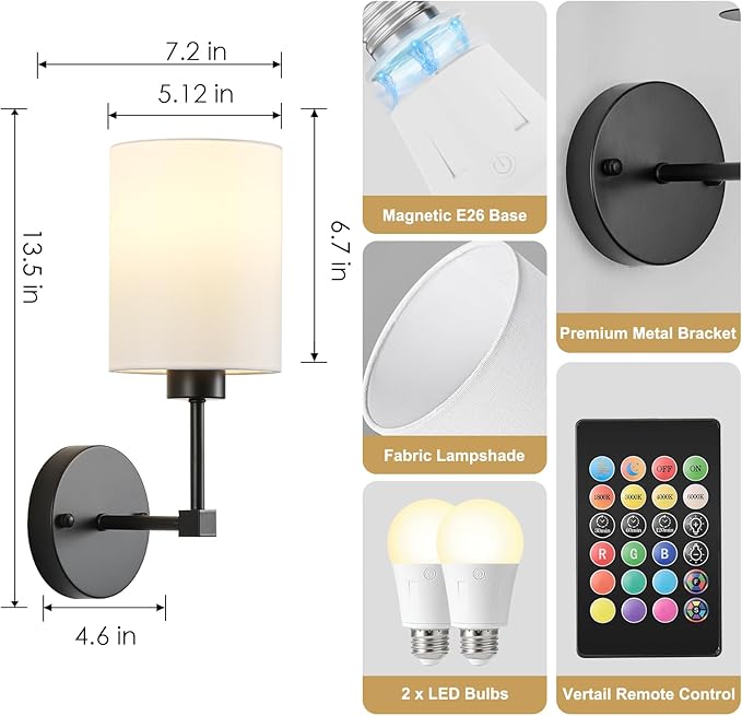 Battery Operated Wall Sconce Set of Two,Wireless Rechargeable Wall Light With Remote Control, Dimmable, 1800K/3000K/4000K/6000K/RGB, Timer, for Living Room, Bedroom, Fireplace, TV, 13.5 Inch, Black