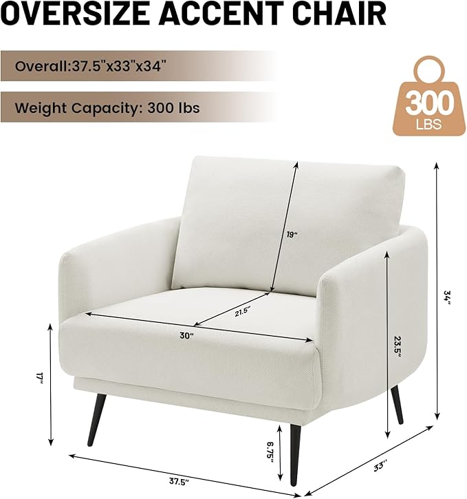 Oversized Accent Chair for Living Room Chairs Reading Arm Chair Comfy Modern Single Sofa Side Chairs with Metal Legs & Soft Cushion for Bedroom, Balcony,Waiting Room (Polyester, Pearl White)