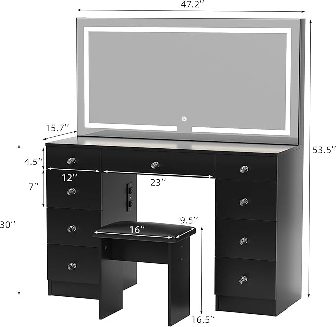 VOWNER Vanity with Lighted Mirror - 47" Makeup Vanity Desk with 9 Drawers and Power Outlet, 3 Color Lighting Modes Adjustable Brightness, Makeup Desk with Soft Cushioned Stool for Bedroom, Black
