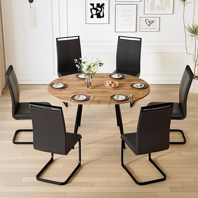 42"-54" Extendable Dining Table Set for 6, Oval Dining Table Set for 6, 0.73" Thick Wood Tabletop with Smooth Edge, Black Metal Leg with Non-Slip Footmat, 6 Soft PU Chairs, for Kitchen, Small Space