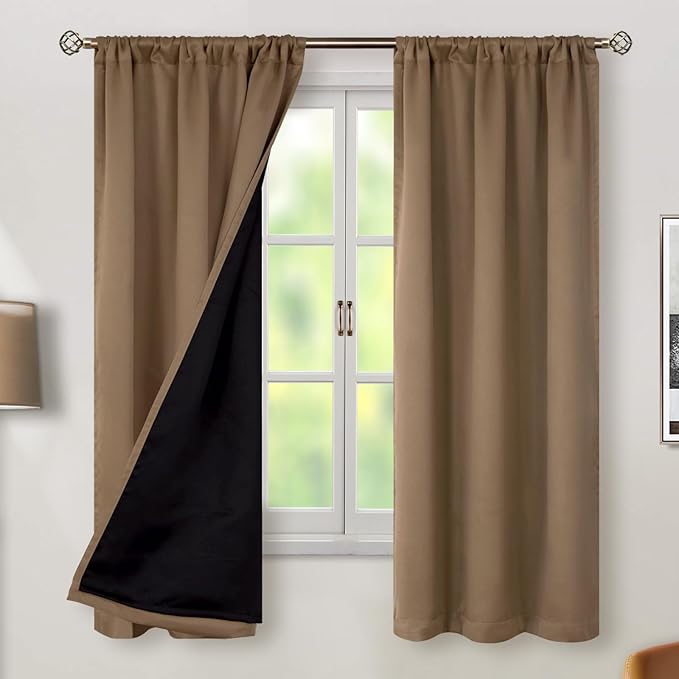 BGment Taupe 100% Blackout Curtains 63 Inches Long with Thermal Insulated Liner, Rod Pocket and Back Tab Double Layer Full Room Darkening Window Drapes for Bedroom, 2 Panels,Each 38 x 63 Inch