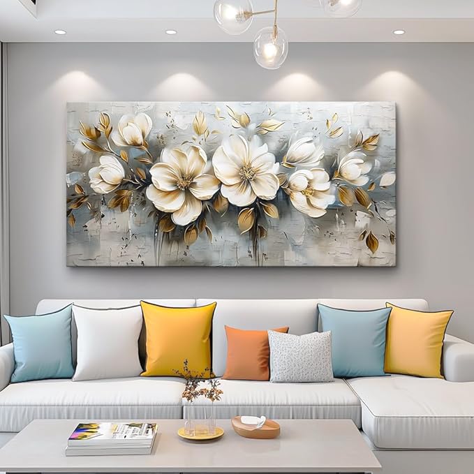 PHAOHUAXM Large Canvas Wall Decor Living Room For Wall Art For Bedroom Office Decorations Abstract White Flowers Wall Paintings Pictures Artwork Modern Framed Posters Home Decor Aesthetic 30"x60"