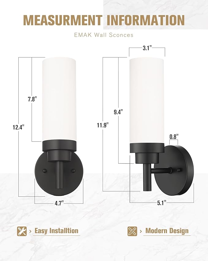 Emak Modern Wall Sconce Set of 2, Black Bathroom Light Fixtures with Milk Glass Shade, Farmhouse Wall Lamp for Bathroom, Bedroom, Living Room, Hallway, WS085-BK-ML-2PK