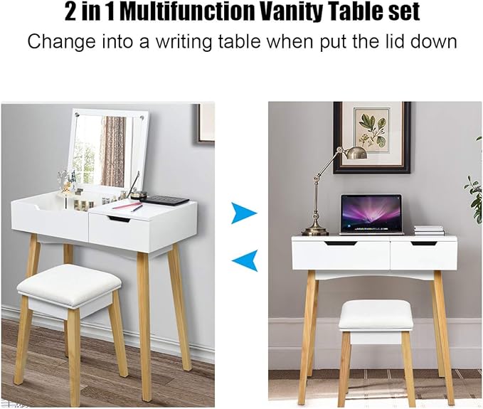 CHARMAID Vanity Table with Flip Top Mirror and Stool, Wooden Makeup Table Writing Desk with Drawer, Storage Compartment, Bedroom White Dressing Vanity Set for Kids Girls Women, Easy Assembly