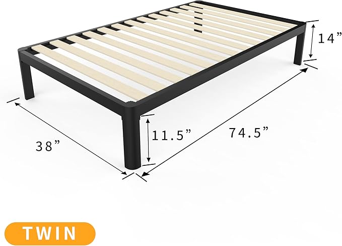 MAF 14 Inch Twin Platform Bed Frames with Wooden Slats, Black 3500 Lbs Heavy Duty Metal Bed Frame with Anti-Collision Round Legs, No Box Spring Needed, Easy Assembly