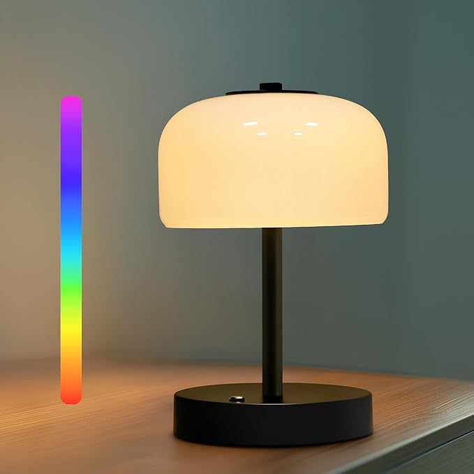 Oneach 9" Cordless Table Lamp, Portable Rechargeable Battery Powered Lamp, 3 Color Temperatures and 7 RGB Colors, Small Touch Mushroom Lamps for Bedroom Restaurant Cafe Bar Patio
