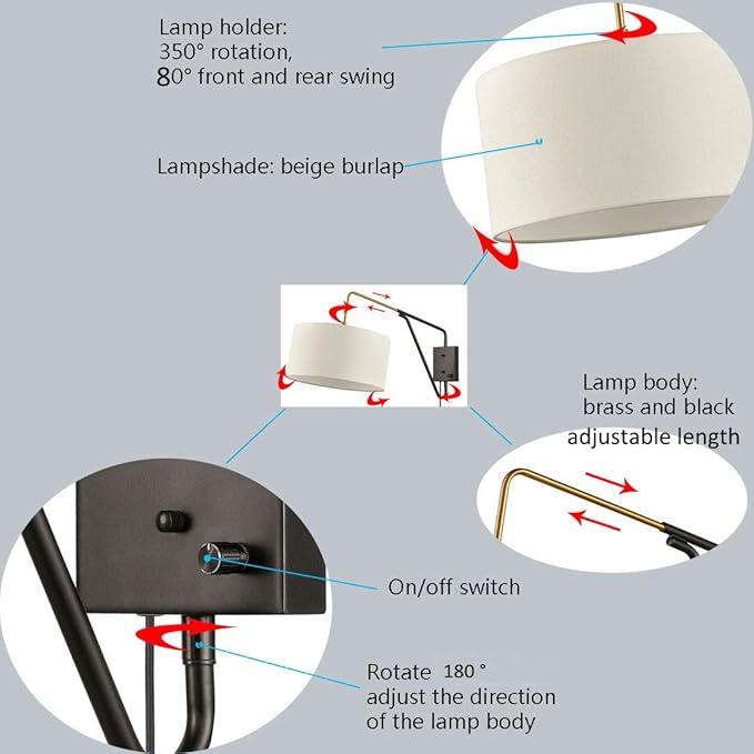 HOLKIRT Bedroom Swing Arm Wall Lamp Bedside Wall Sconce,Plug in/Wall Mount + Off-White Fabric Shade 13.77 Inch