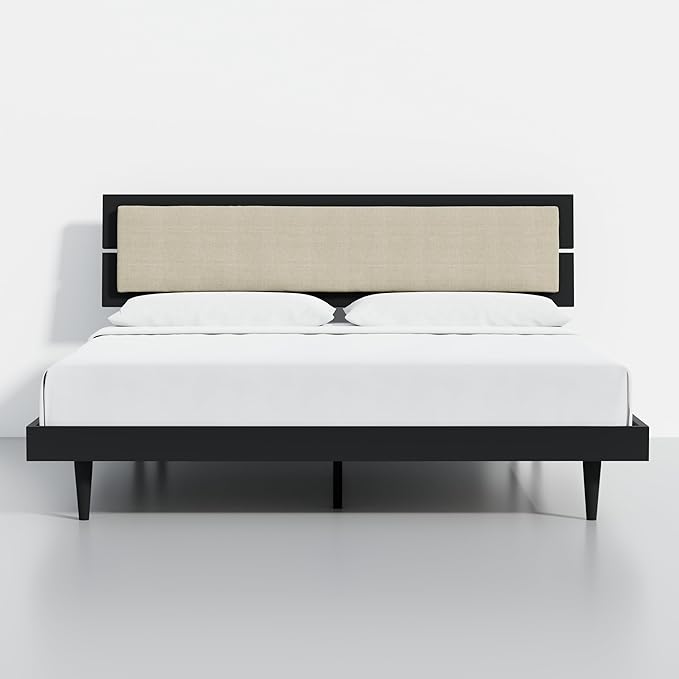 Modern Solid Wood Platform Bed with Adjustable Headboard with Cushion – No Box Spring Needed,Fast Assembly – King Size in Black