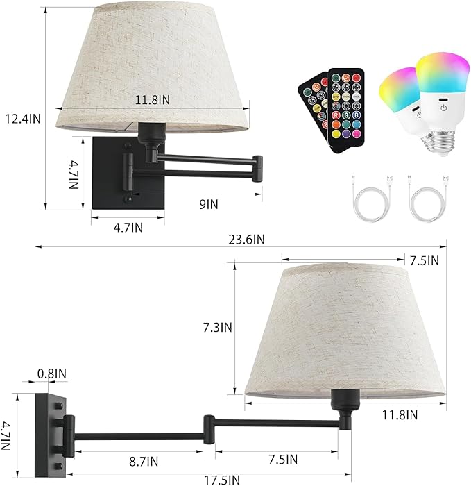 Battery Operated Wall Sconces Set of Two with Remote Control, Rechargeable Cordless Swing Arm Wall Lamp, Dimmable/3 Colors/9 RGB/Night Light/Timer, Black Wireless Wall Sconces, No Hardwired