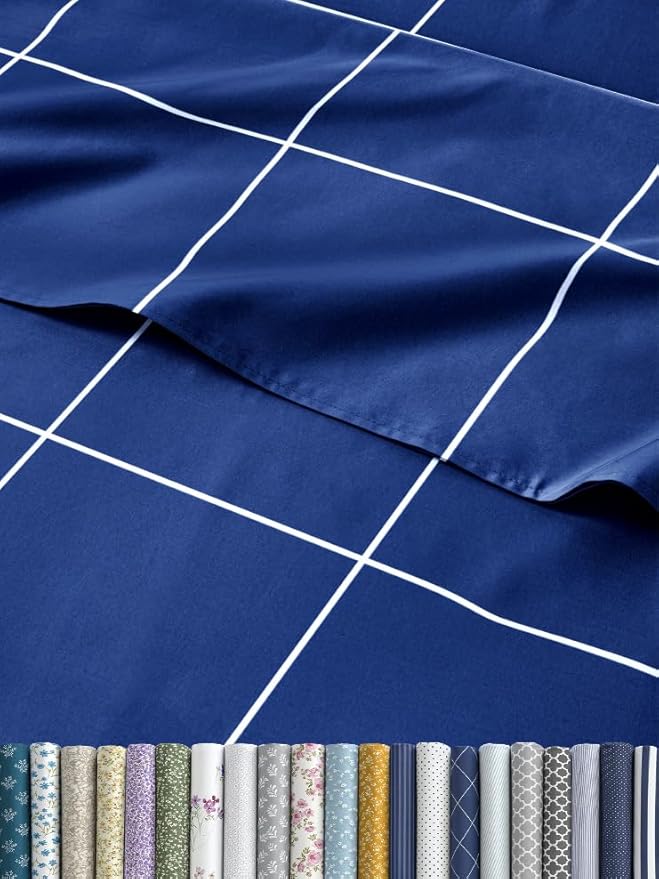 CGK Unlimited Blue Grid Bed Sheet Set – 1 Flat & 1 Fitted Sheet & 2 Pillowcases w/Deep Pockets – Wrinkle & Fade Resistant - Soft, Breathable & Cooling – Checkered Grid Bed Set, Seasons - Full Size