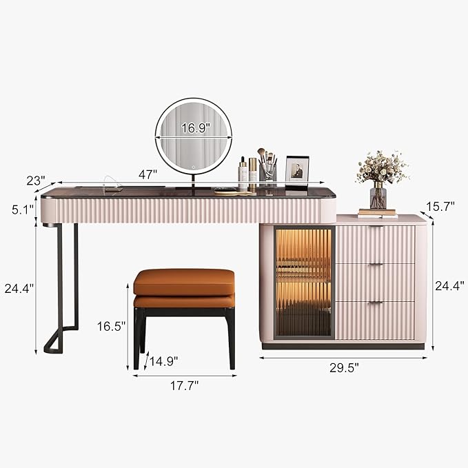 Larits Makeup Vanity with Stool, Very Easy to Assemble, Dressing Table in one, Super Storage with LED Light Vanity Mirror with ash Full Solid Wood upholstered Vanity Stool (Pale Pink, 53 in)