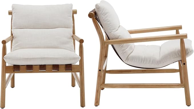 Mid-Century Modern Accent Chair Set of 2 - Solid Wood Lounge Chair with Removable Linen Cushion, Low Back Reading Chair for Living Room/Bedroom/Balcony, Beige Sofa Chair (Easy Assembly)