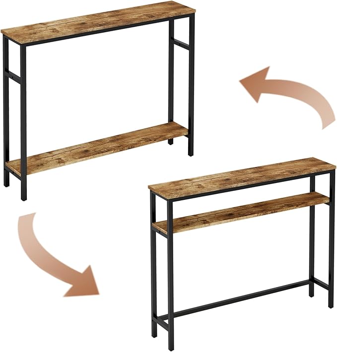 Narrow Console Table, 39.4” Sofa Table with Adjustable Shelf, 2-Tier Long Skinny Table for Hallway, Entryway, Living Room, Foyer, Rustic Brown