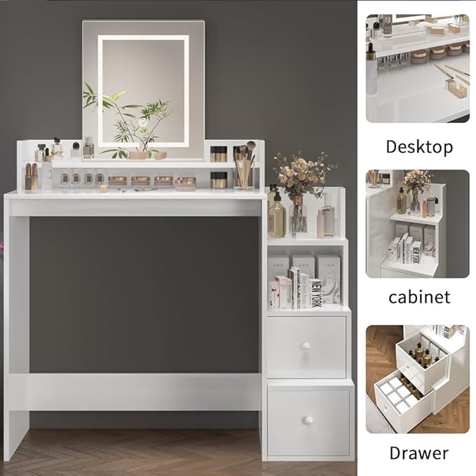 Vanity Desk with Mirror and Lights, Makeup Vanity Desk with Lights 3 Colors, Vanity Table with 2-Tier Shelves, Modern White Dressing Table for Bedroom