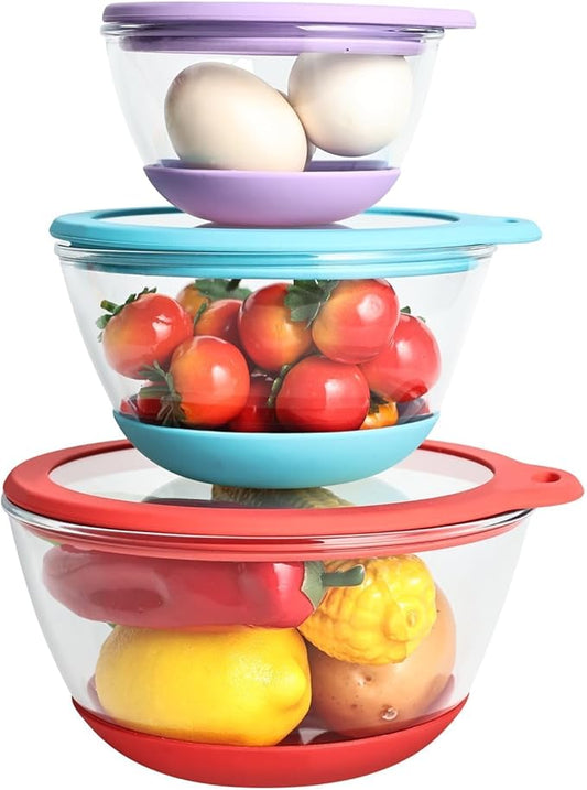 Glass Mixing Bowls Set of 3 with BPA-Free Airtight Lids, Large Nesting Bowls with Non-Slip Silicone Base, Ideal for Food Storage, Dishwasher & Microwave Safe, 2, 1, 0.5 QT Purple Blue Red