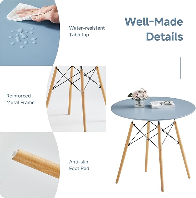 Round Dining Table Set for 4 35.5" Wood Dinner Table Circle Dining Table Kitchen Table Chairs Set of 4 with Wood Strip Base for Kitchen Living Room Space Saving Apartment(Blue)
