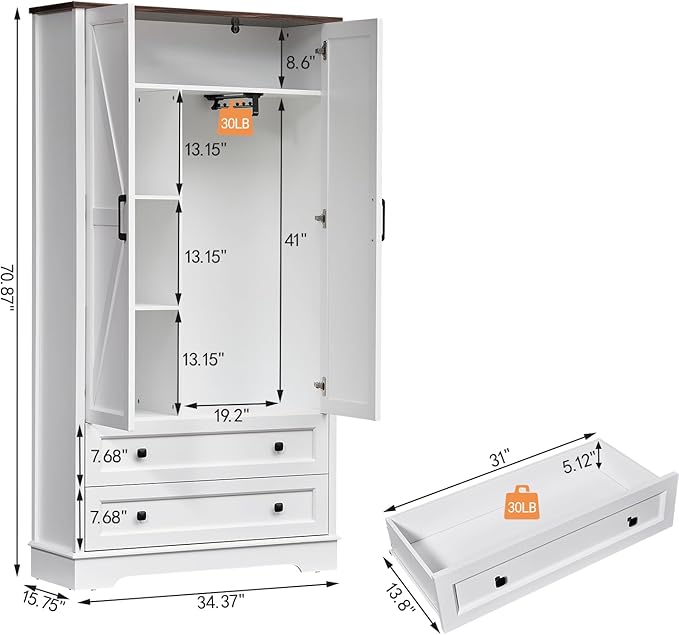 SOOWERY Dresser for Bedroom, Farmhouse Dresser with 2 Wooden Drawers and Storage Cabinets, 71 Inches Tall Chest of Drawers for Bedroom, Living Room, Hallway, White