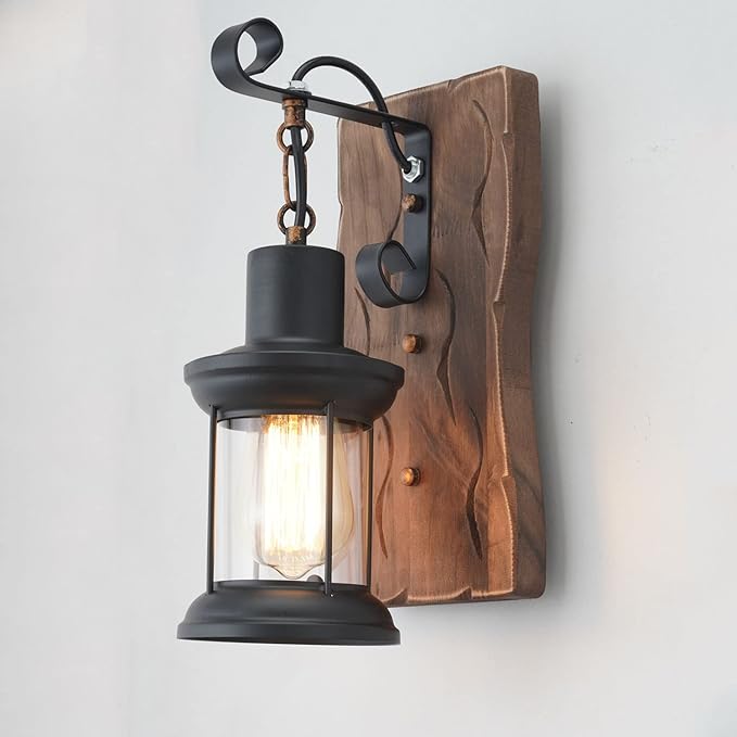 Vintage Industrial Wall Sconce, Rustic Light Fixtures Wood Metal Farmhouse Indoor Black Wall Sconce Fixture for Dining Room, Hallway, Hotel, bar, Porch Corridor Decorate