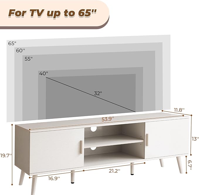 SUPERJARE TV Stand for 55 Inch TV, Entertainment Center with Adjustable Shelf, 2 Cabinets, TV Console Table, Media Console, Solid Wood Feet, Cord Holes, for Living Room, Bedroom, White