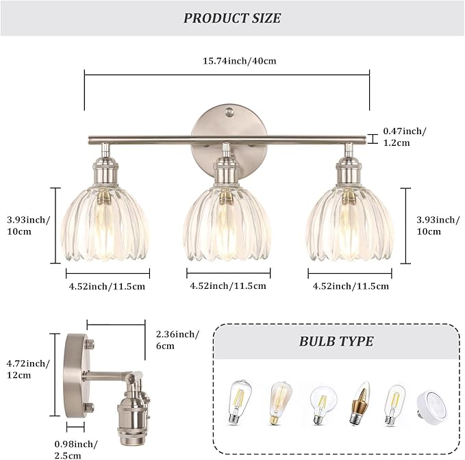 Bathroom Light Fixtures, 3-Light Vanity Wall Light Over Mirror with Clear Tulip Glass Shade for Bedroom Living Room, Satin Nickel