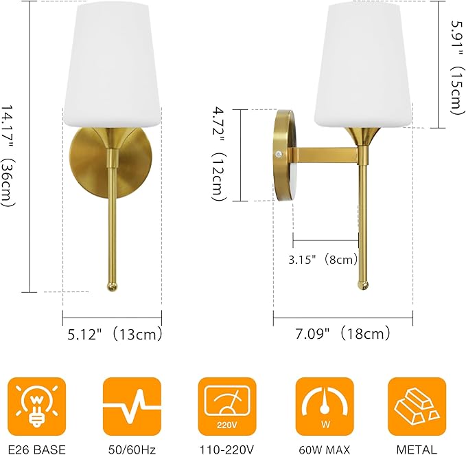 Wall Sconce Set of 2 Brushed Brass Glass Bathroom Vanity Light Fixtures Shade for Bedroom Living Room Hallway (1T 2Pack)