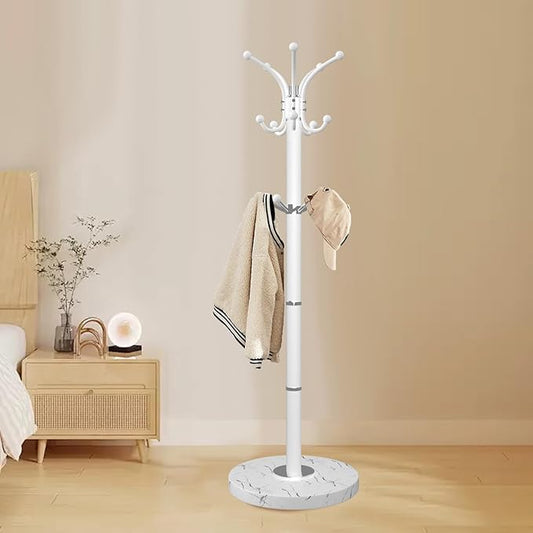 Metal Coat Rack Stand with Natural Marble Base, Modern Coat Rack Freestanding, 360°Rotary Coat Racks with 14 Hooks, Heavy Duty Coat Hall Tree Hanger Stand for Entryway, Office