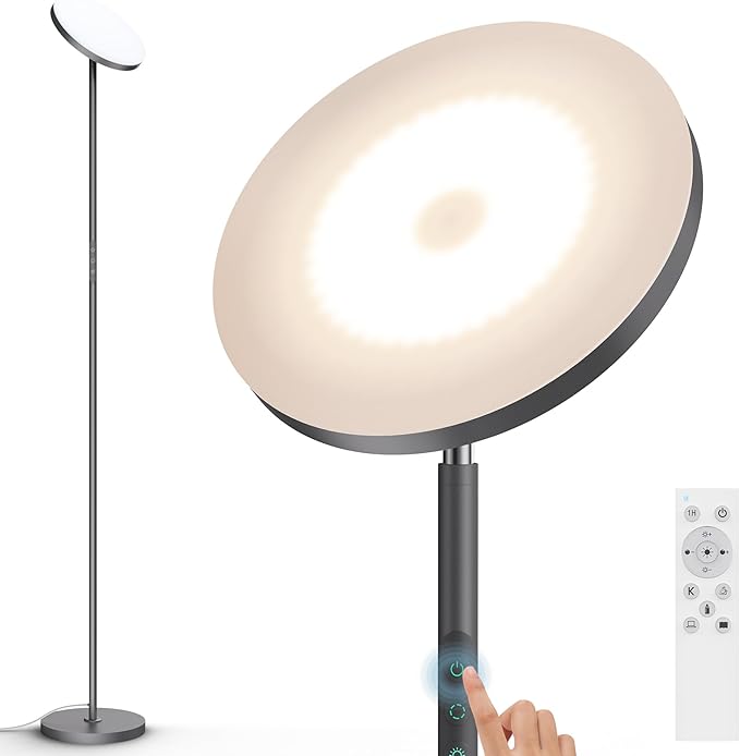 Floor Lamp,Bright 36W 3500LM Standing Lamp with Remote, 2700K Soft White to 6500K Cool White Adjustable,Touch Control Dimmable Torchiere Tall Light for Living Room,Bedroom,Office,Sofa(Gray)